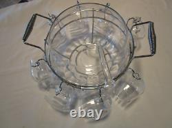 Glass Optic Glass Punch bowl 11 pc. Set with Rack Holder cups Crate-&-Barrel 17 W