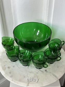 Glass Punch Bowl Set Emerald Forest Green Anchor Hocking 13 Pieces Vintage