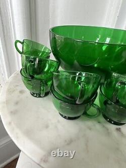 Glass Punch Bowl Set Emerald Forest Green Anchor Hocking 13 Pieces Vintage