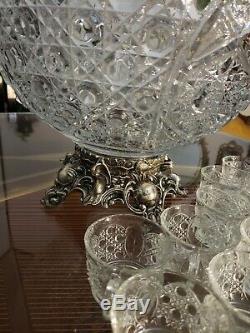 Glass Punch Bowl Set. Vintage LE Smith Daisy & Button withOrnate Metal Base. Ladle