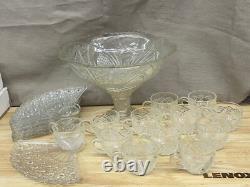 Glass Punch Bowl Stand Cups & Appetizer Plate Etched 21 pieces Vintage Antique