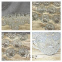 Glass Punch Bowl Stand Cups & Appetizer Plate Etched 21 pieces Vintage Antique