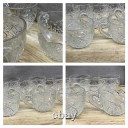 Glass Punch Bowl Stand Cups & Appetizer Plate Etched 21 pieces Vintage Antique