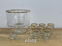 Glass Punch Bowl Trifle Set with8 Matching Cups & Ladle Vintage MCM Gold Rimmed