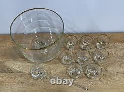 Glass Punch Bowl Trifle Set with8 Matching Cups & Ladle Vintage MCM Gold Rimmed