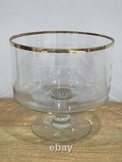 Glass Punch Bowl Trifle Set with8 Matching Cups & Ladle Vintage MCM Gold Rimmed