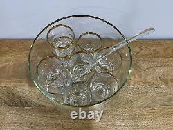 Glass Punch Bowl Trifle Set with8 Matching Cups & Ladle Vintage MCM Gold Rimmed