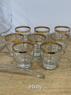 Glass Punch Bowl Trifle Set with8 Matching Cups & Ladle Vintage MCM Gold Rimmed