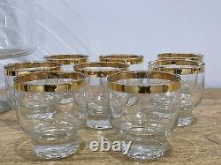 Glass Punch Bowl Trifle Set with8 Matching Cups & Ladle Vintage MCM Gold Rimmed