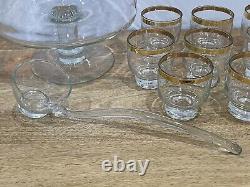 Glass Punch Bowl Trifle Set with8 Matching Cups & Ladle Vintage MCM Gold Rimmed