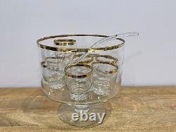 Glass Punch Bowl Trifle Set with8 Matching Cups & Ladle Vintage MCM Gold Rimmed