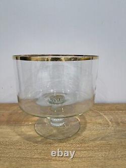 Glass Punch Bowl Trifle Set with8 Matching Cups & Ladle Vintage MCM Gold Rimmed