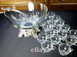 Glass & silverplate punch bowl, ladle, 24 cups Pitman-Dreitzer NY 1960s vintage