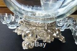 Glass & silverplate punch bowl, ladle, 24 cups Pitman-Dreitzer NY 1960s vintage