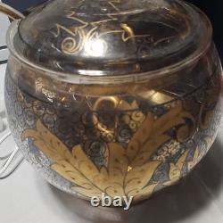 Gold Black Clear Scroll Floral Glass Punch Bowl Set with Lid Ladle 6 Cups