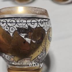 Gold Black Clear Scroll Floral Glass Punch Bowl Set with Lid Ladle 6 Cups