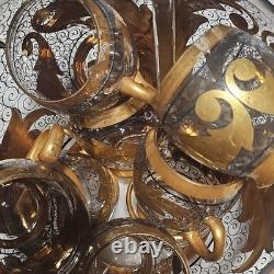 Gold Black Clear Scroll Floral Glass Punch Bowl Set with Lid Ladle 6 Cups