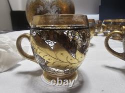Gold Black Clear Scroll Floral Glass Punch Bowl Set with Lid Ladle 6 Cups