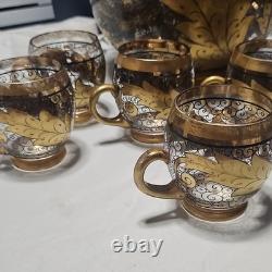 Gold Black Clear Scroll Floral Glass Punch Bowl Set with Lid Ladle 6 Cups