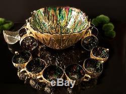 Gold Leaf Crystal Punch Bowl Multi Color Stained Glass With Cups Ladle Unique