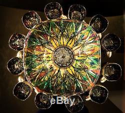 Gold Leaf Crystal Punch Bowl Multi Color Stained Glass With Cups Ladle Unique