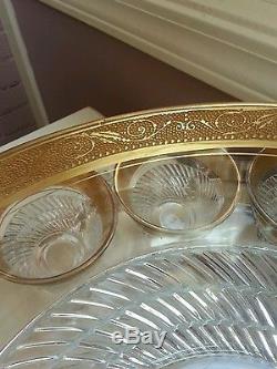 Gold encrusted punch bowl set 12 cups underplate gold rim trim swirl pattern
