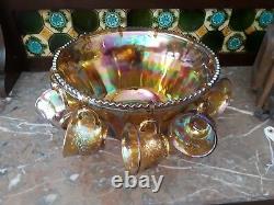 Golden Carnival Glass Punch bowl set