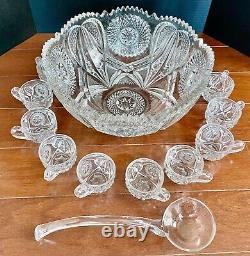Gorgeous American Brilliant Period Punchbowl w15 Matching Cups 15 Dia Sawtooth