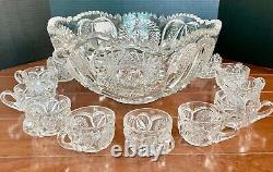 Gorgeous American Brilliant Period Punchbowl w15 Matching Cups 15 Dia Sawtooth