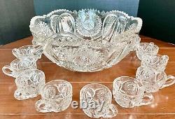 Gorgeous American Brilliant Period Punchbowl w15 Matching Cups 15 Dia Sawtooth