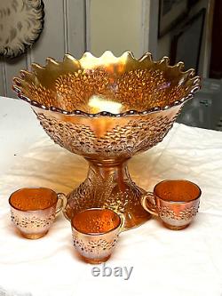 Gorgeous Fenton Carnival Marigold ORANGE TREE PUNCH BOWL SET, BASE, 3 CUPS