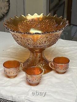 Gorgeous Fenton Carnival Marigold ORANGE TREE PUNCH BOWL SET, BASE, 3 CUPS