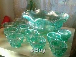 Gorgeous Fenton Opalescent Aqua Punch Bowl & 10 Cups