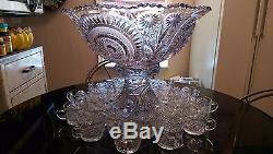 Gorgeous Huge Antique 24 Cup Punch Bowl on Matching Rasied Base Set
