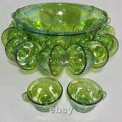 Gorgeous Iridescent Indiana Glass GREEN CARNIVAL Punch Bowl & 12 Cups