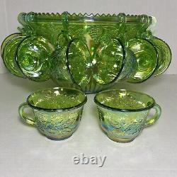 Gorgeous Iridescent Indiana Glass GREEN CARNIVAL Punch Bowl & 12 Cups