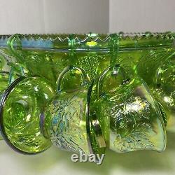 Gorgeous Iridescent Indiana Glass GREEN CARNIVAL Punch Bowl & 12 Cups