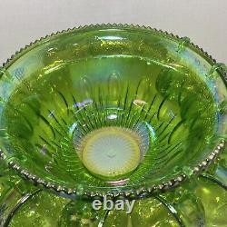 Gorgeous Iridescent Indiana Glass GREEN CARNIVAL Punch Bowl & 12 Cups