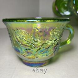 Gorgeous Iridescent Indiana Glass GREEN CARNIVAL Punch Bowl & 12 Cups