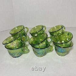 Gorgeous Iridescent Indiana Glass GREEN CARNIVAL Punch Bowl & 12 Cups