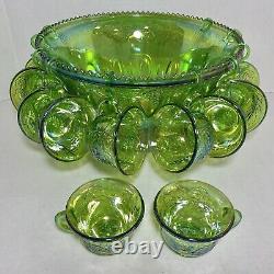 Gorgeous Iridescent Indiana Glass GREEN CARNIVAL Punch Bowl & 12 Cups