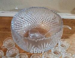 Gorgeous L. E. Smith Pineapple Vintage Heavy Cut Glass Punch Bowl 24 Cups in box