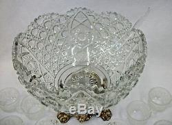 Gorgeous LE Smith Pressed Glass Daisy & Button Punch Bowl Set, Silver Base & Box