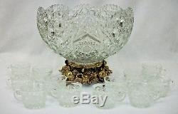 Gorgeous LE Smith Pressed Glass Daisy & Button Punch Bowl Set, Silver Base & Box