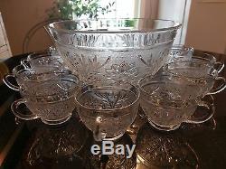 Gorgeous Rare Depression Era Footed Punch Bowl With 12 Matching Footed Cups