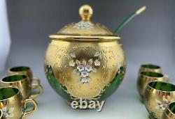 Gorgeous Rare Venetian Murano Glass & 24K Gold Leaf Punch Bowl & 12 Cups