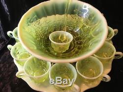 Gorgeous Vaseline Glass Mosser Punch Bowl Set Grapes Opalescent Discontinued