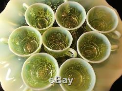 Gorgeous Vaseline Glass Mosser Punch Bowl Set Grapes Opalescent Discontinued