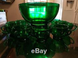 Gorgeous Vintage Hunter Green Punch Bowl On Base With 12 Cups