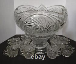 Gorgeous heavy Crystal Glass 2 piece Punch Bowl And 10 Glasses Set